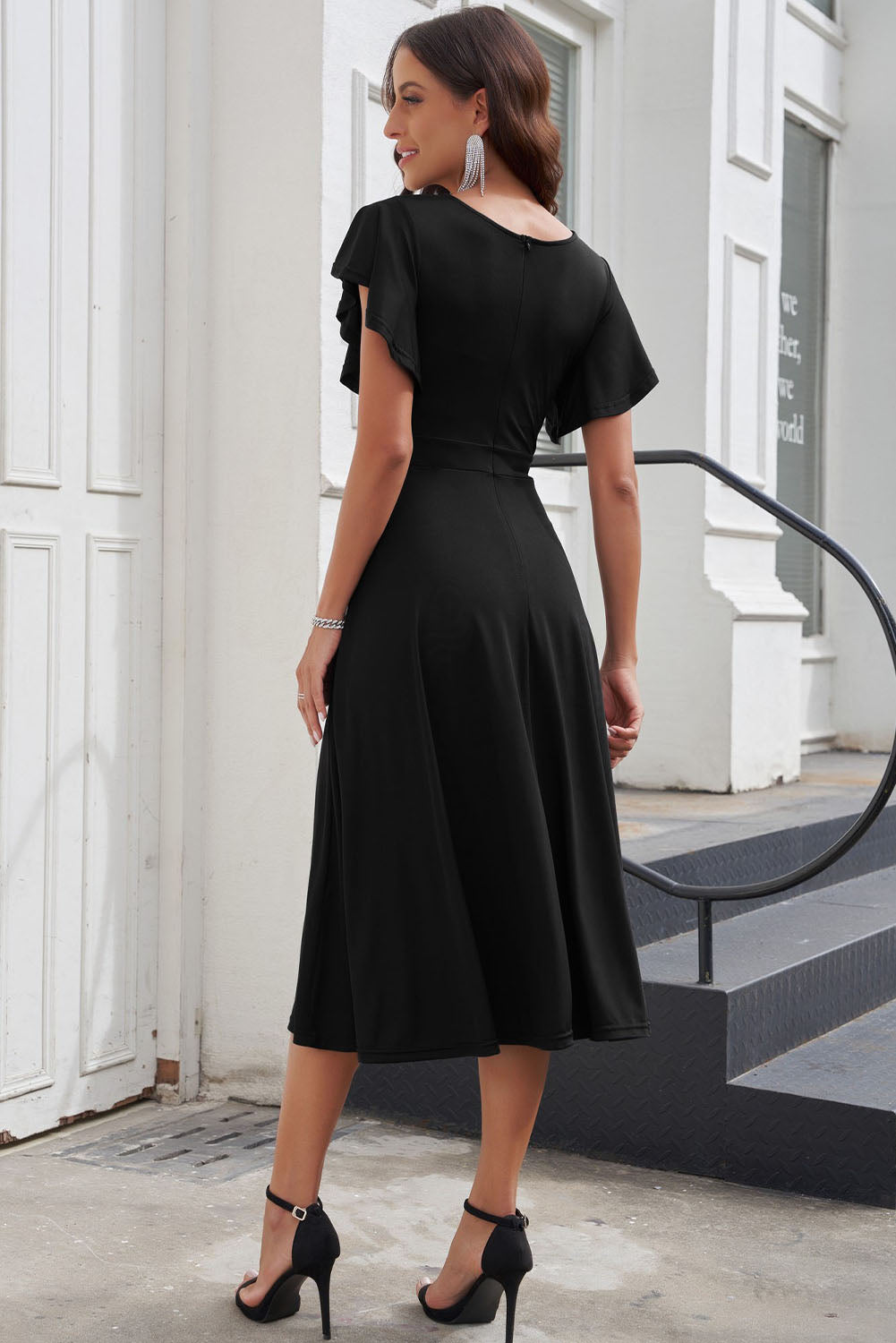 Ruffled Sleeve Wrap V Neck Midi Dress