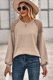 Lace Shoulder Patch Waffle Knit Long Sleeve Top