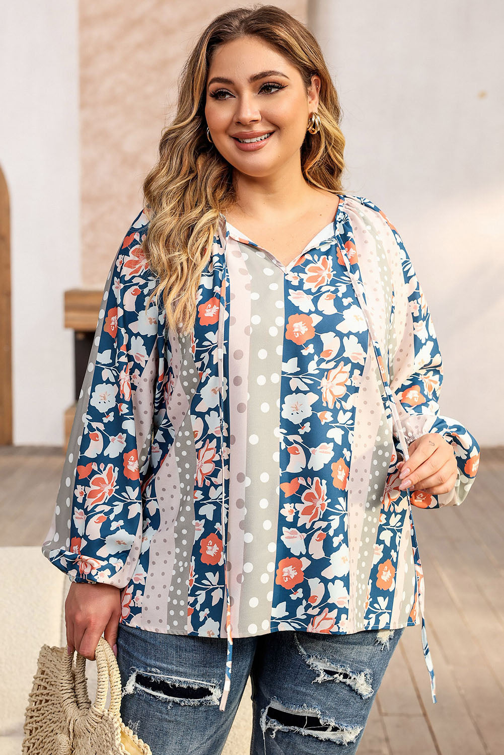 Plus Size Mixed Print Split Neck Blouse