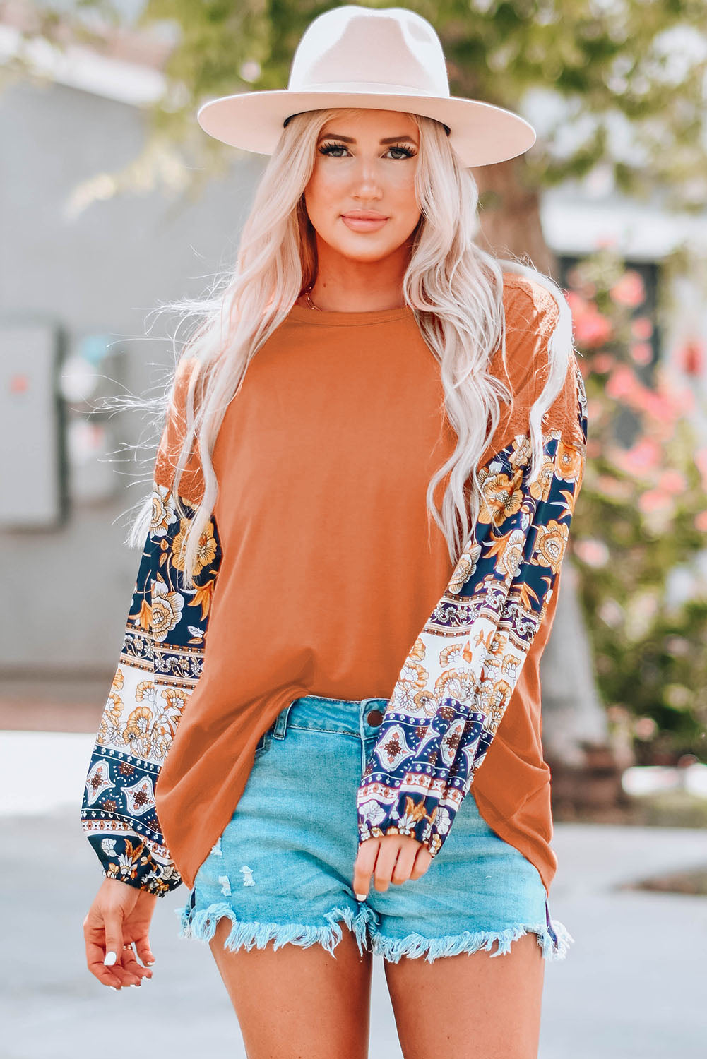 Boho Floral Print Balloon Sleeve Top with Lace Details