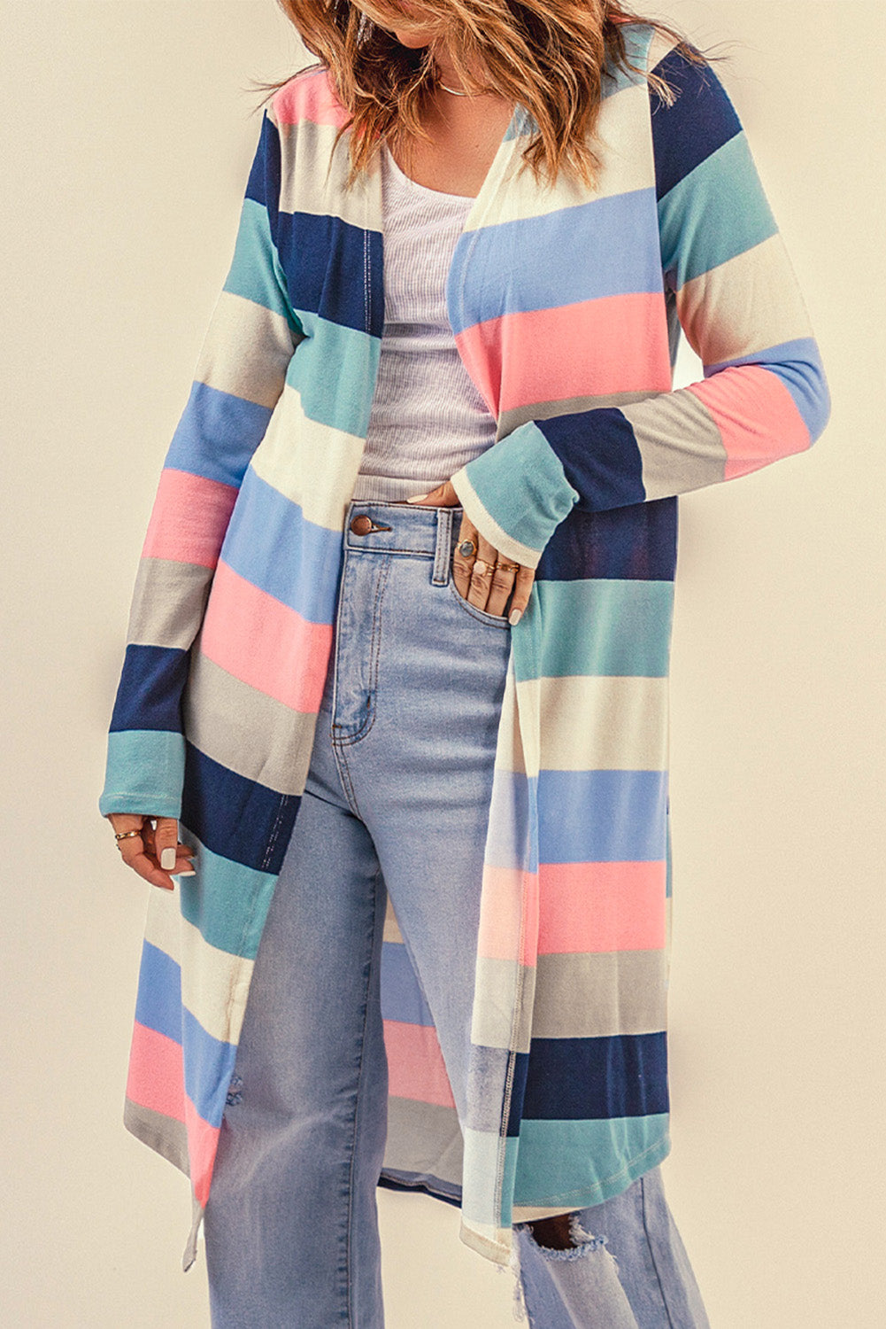 Cardigan long color block imprimé multicolore