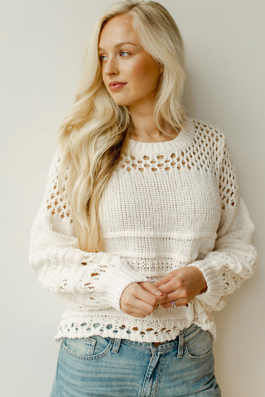 Solid Color Pointelle Knit Puff Sleeve Sweater