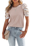 Ruched Sequin Sleeve Crew Neck Top