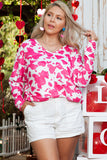 Rose Animal Print Long Sleeve V Neck Plus Size Top