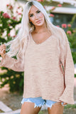 Waffled Knit Long Sleeve V-Neck Frayed Top