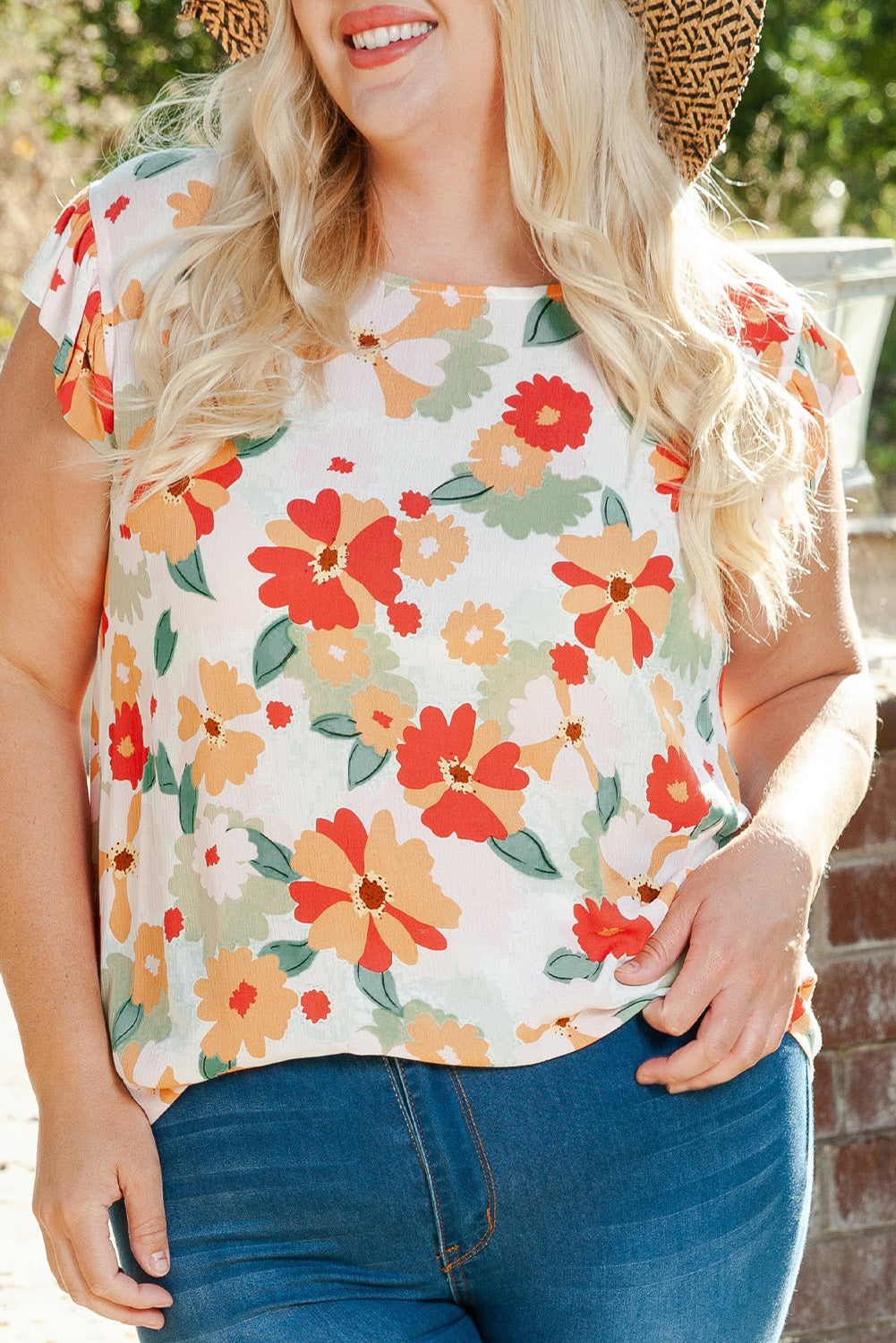 Floral Print Ruffled Flutter Sleeve Blouse