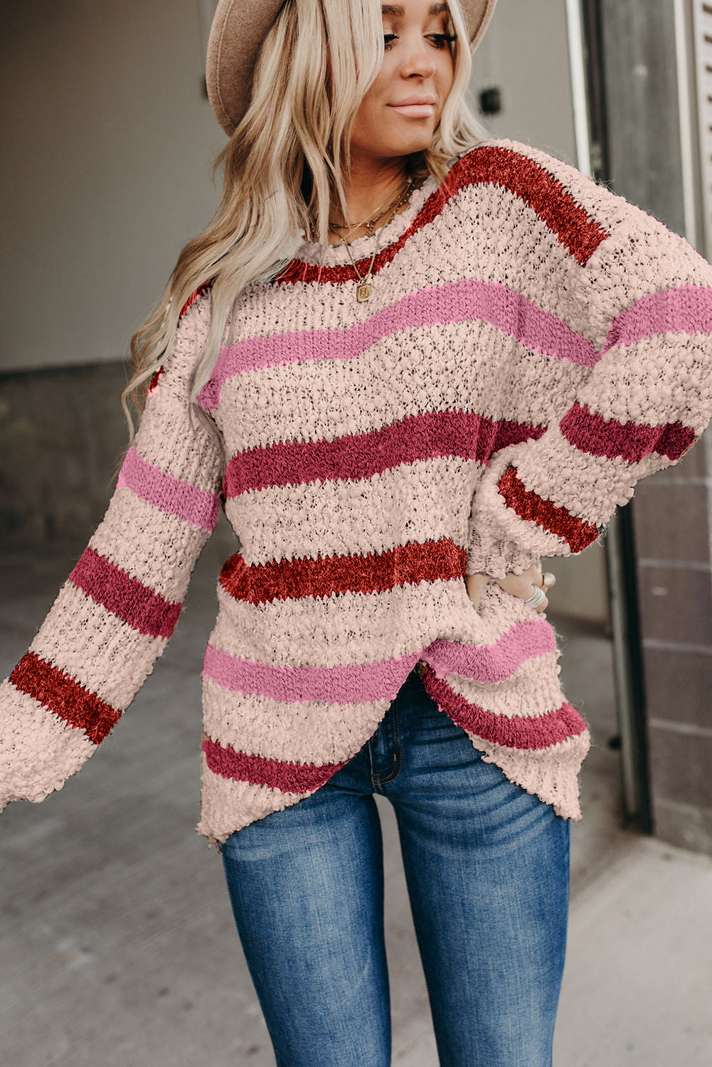 Striped Popcorn Knit Sweater