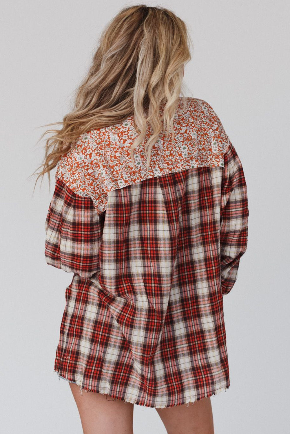 Red Floral Plaid Mixed Print Bishop Sleeve Patchwork Top