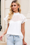 Sheer Ruffle Sleeve Splice Mock Neck Blouse