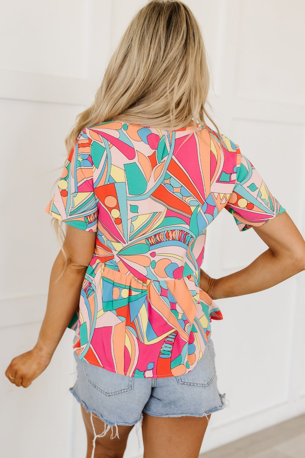 Multicolor Boho Abstract Pattern Split V Neck Flowy Blouse