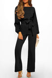 Boat Neck Bubble Sleeve Straight Legs Jumpsuit with Belt Tie