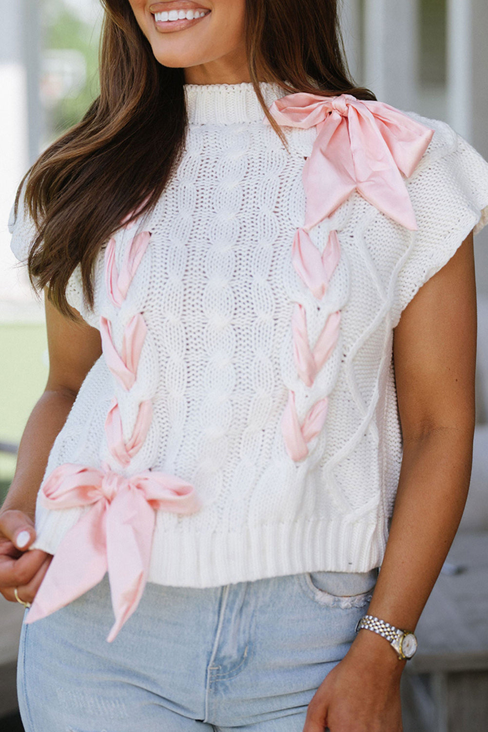 Simply Taupe Cable Knit Colorblock Satin Bowknot Short Sleeve Sweater