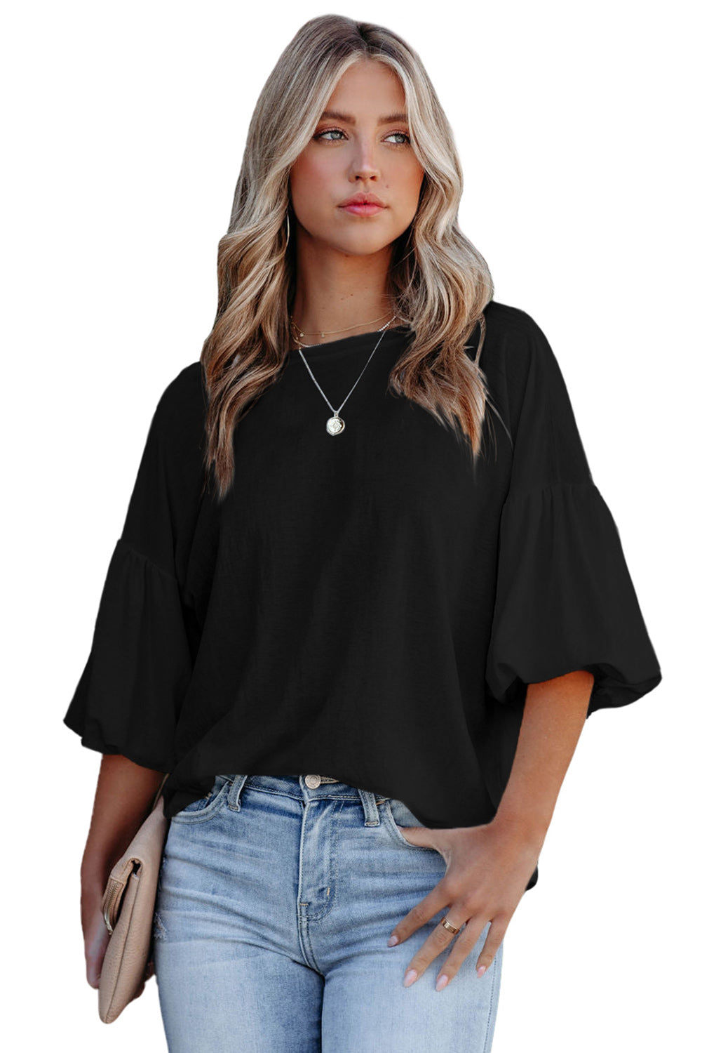 Joint Bubble Sleeve Round Neck Blouse