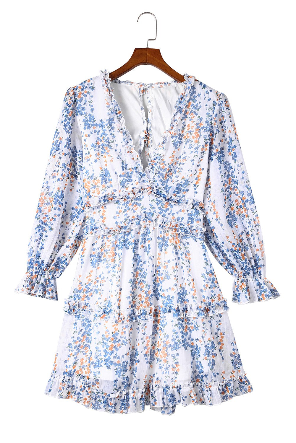 Robe florale bleue à volants et dos ouvert