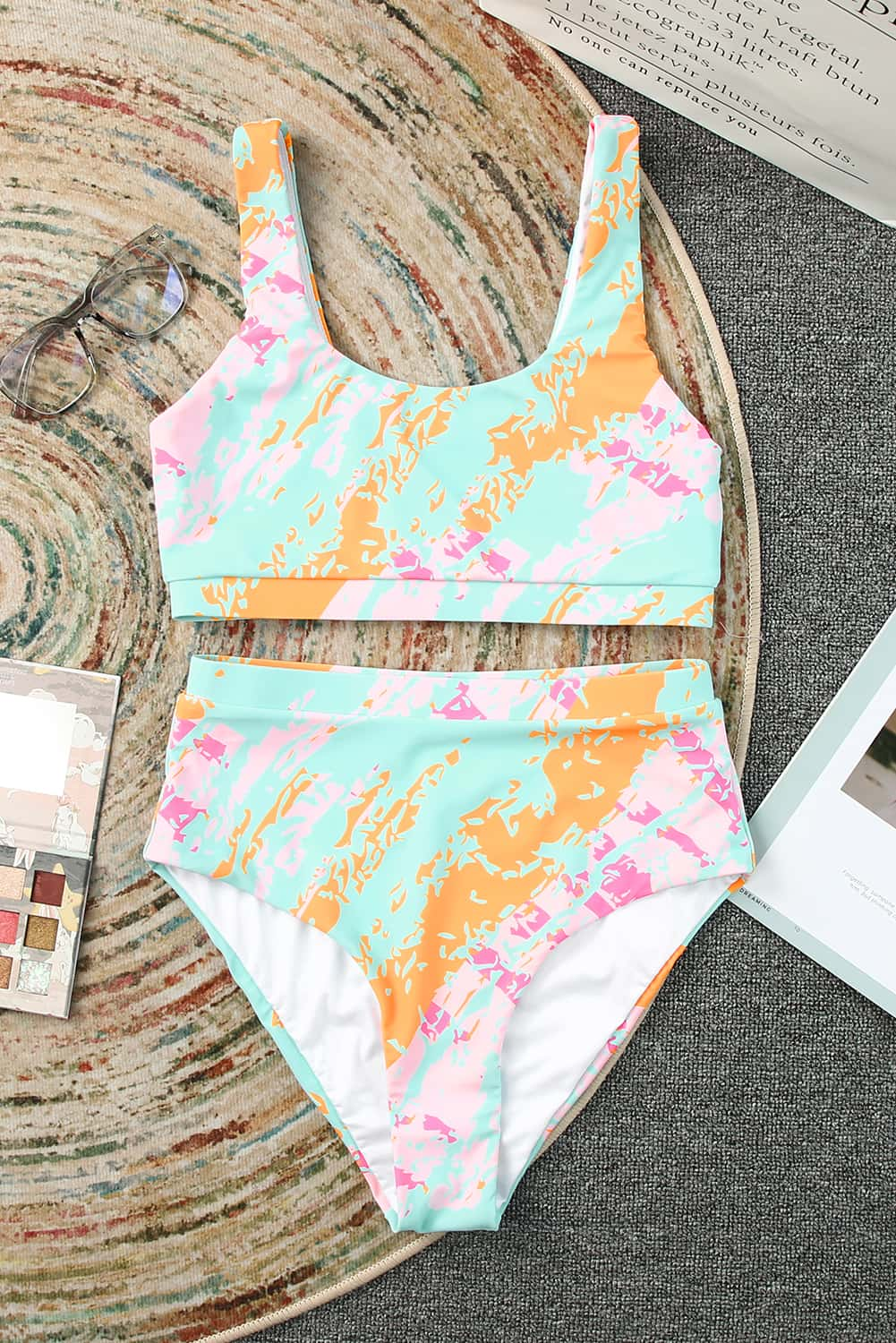 Abstract Waves Print High Waist Bikini Swimsuit