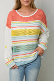 Hollow Striped Knit Contrast Sleeve Sweater