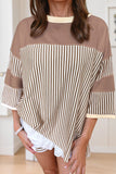 Khaki Stripe Patchwork Bracelet Sleeve Plus Size T Shirt