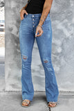 Dark Mid Rise Button Front Flare Denim