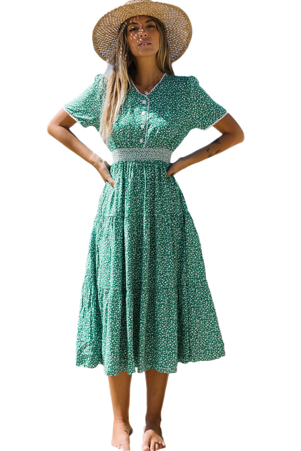 Floral Print Lace Splicing Flared High Waist Midi Dress