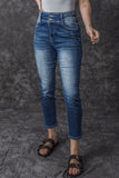 Jean skinny taille haute bleu délavé vintage à deux boutons 