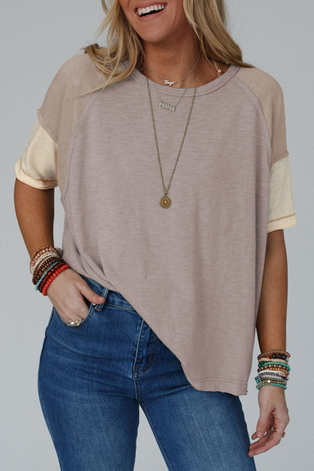 Simply Taupe Exposed Seam Colorblock Loose Tee