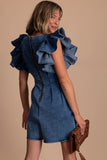 Ruffle Pleated Denim Romper with Pockets