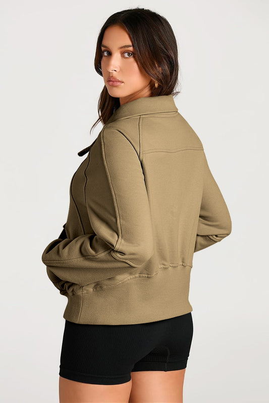 Brown Quarter Zip Stand Neck Kangaroo Pocket Sweatshirt