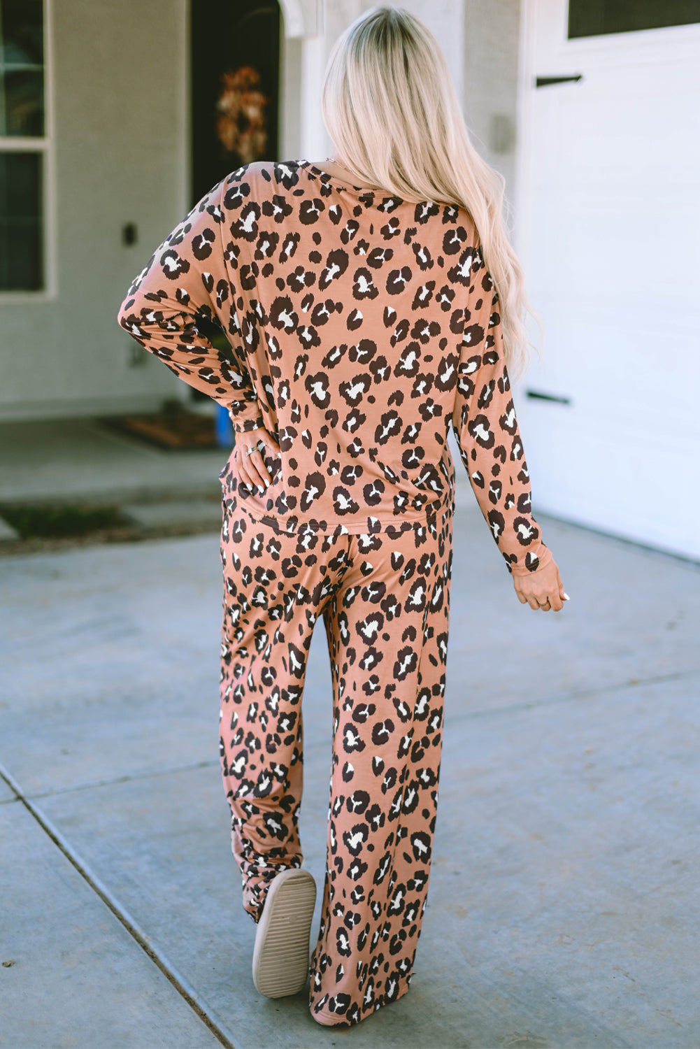 Leopard Print Long Sleeve Pullover and Pants Outfit