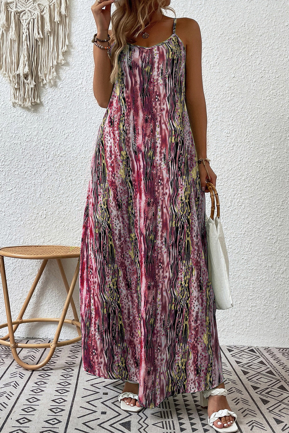 Abstract Print Adjustable Spaghetti Strap Maxi Dress