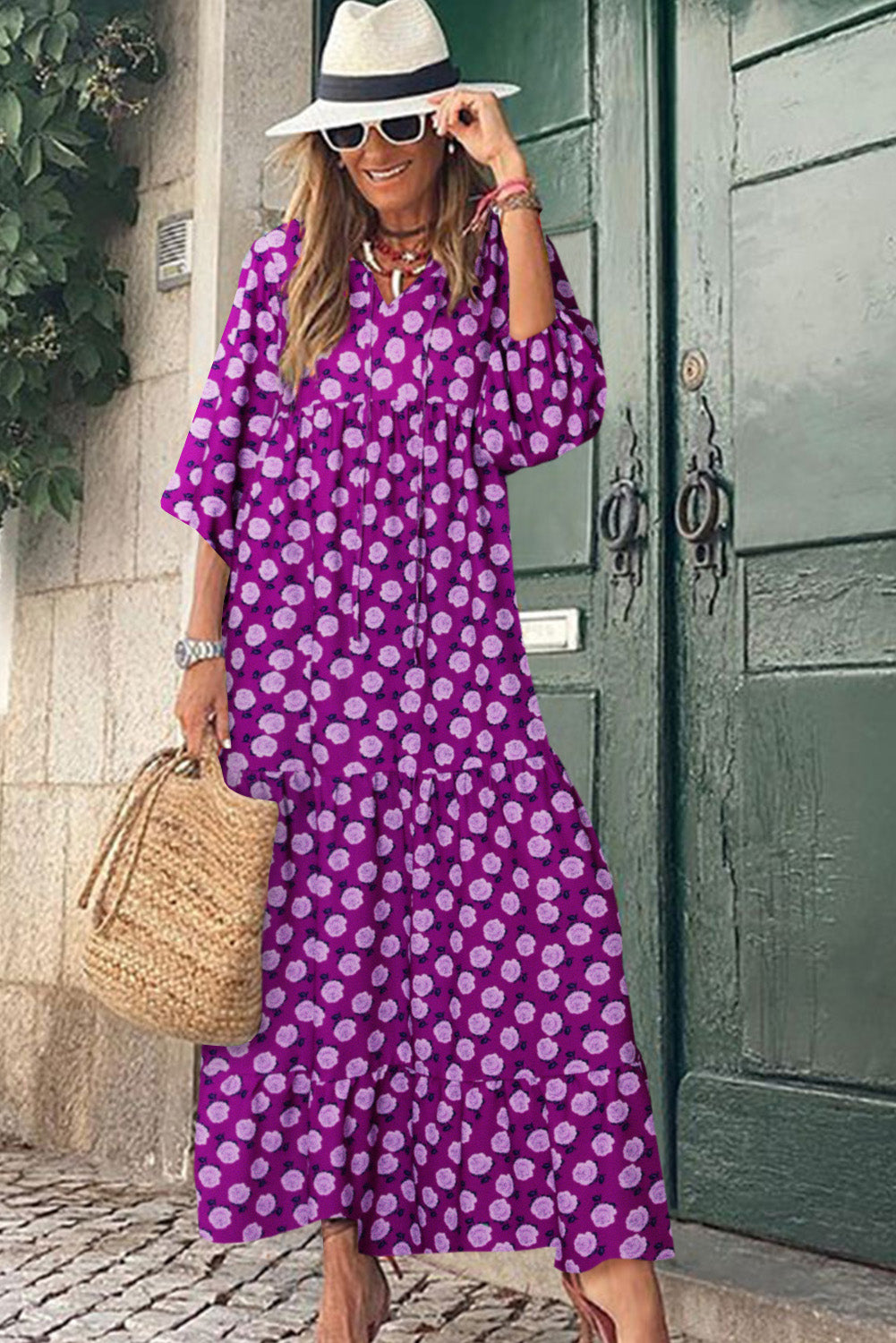 Robe longue violette imprimée bohème à manches bouffantes