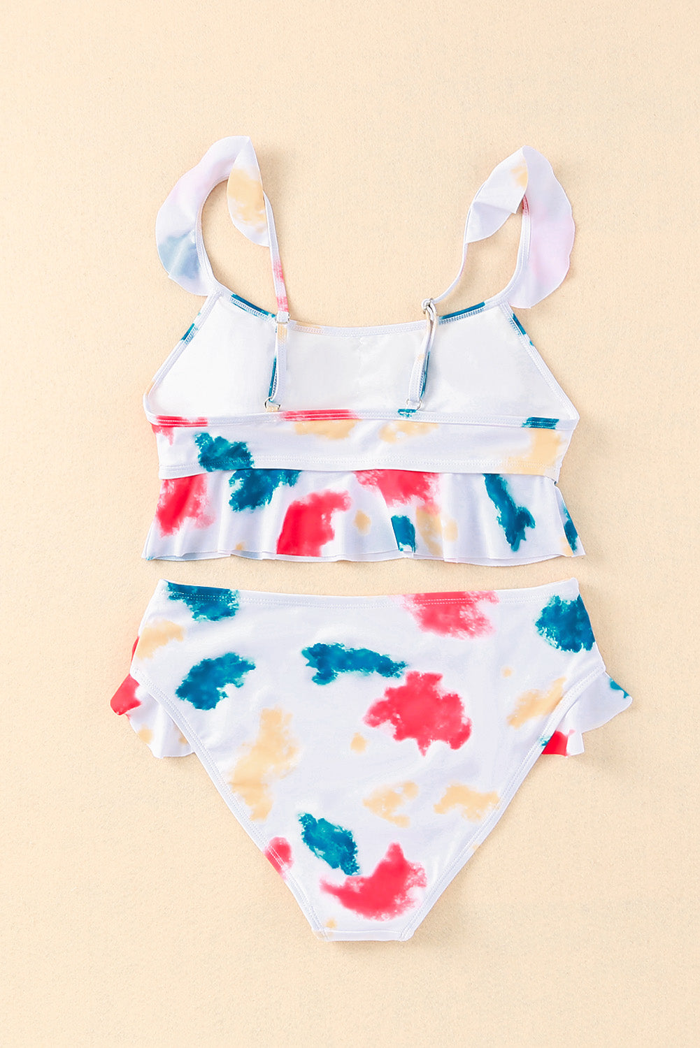 Tie Dye Scoop Neck Ruffle Trim Two Piece Swimsuit