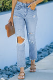 Light Blue Distressed Holes Straight Jeans