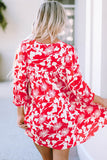 Mini-robe babydoll à imprimé floral et manches bouffantes à col fendu rouge