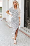 Striped Print Side Split Short Sleeve V Neck Maxi Dress