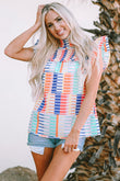 Striped Print High Neck Flutter Top