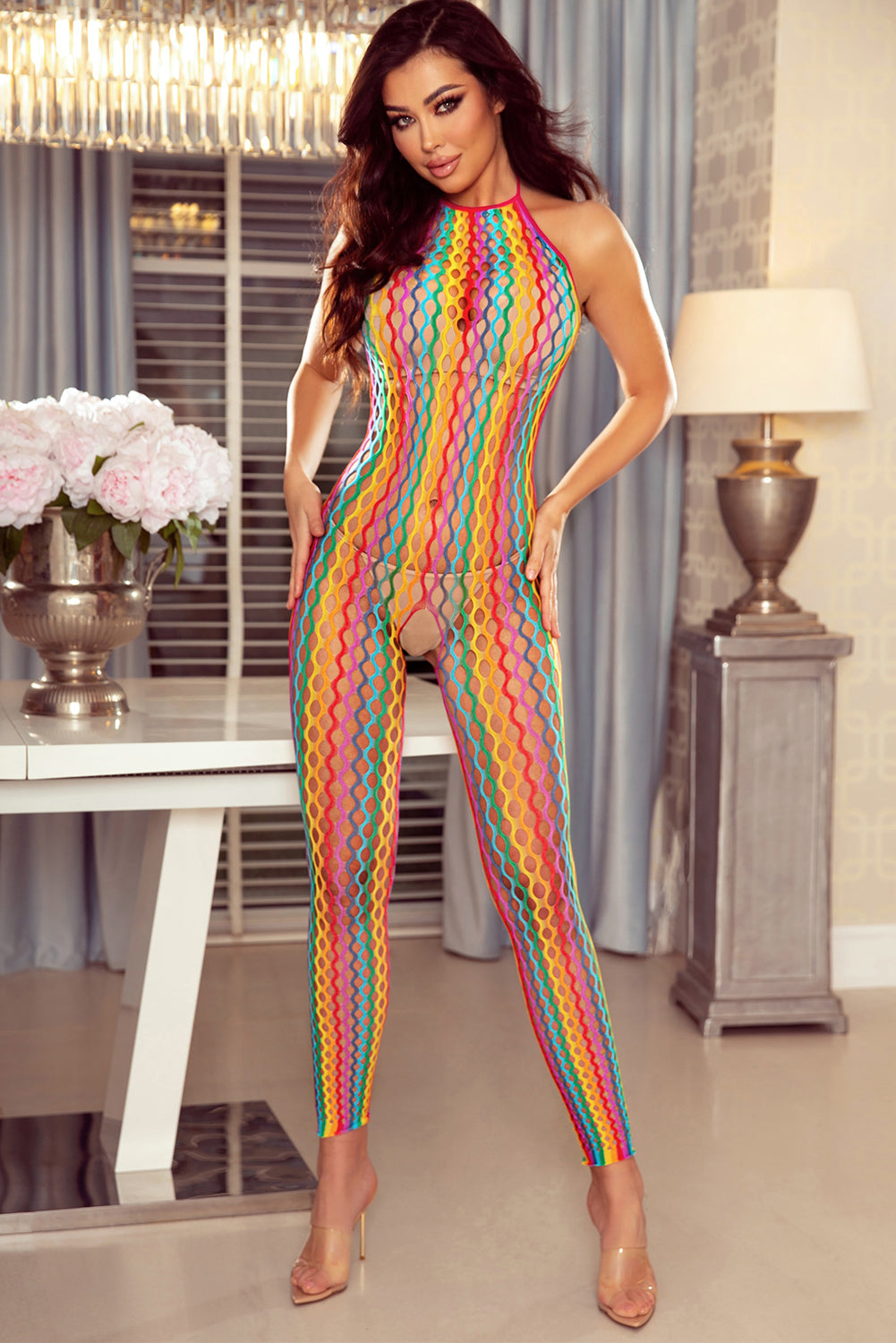 Striped Hollow Out Backless Halter Bodystocking