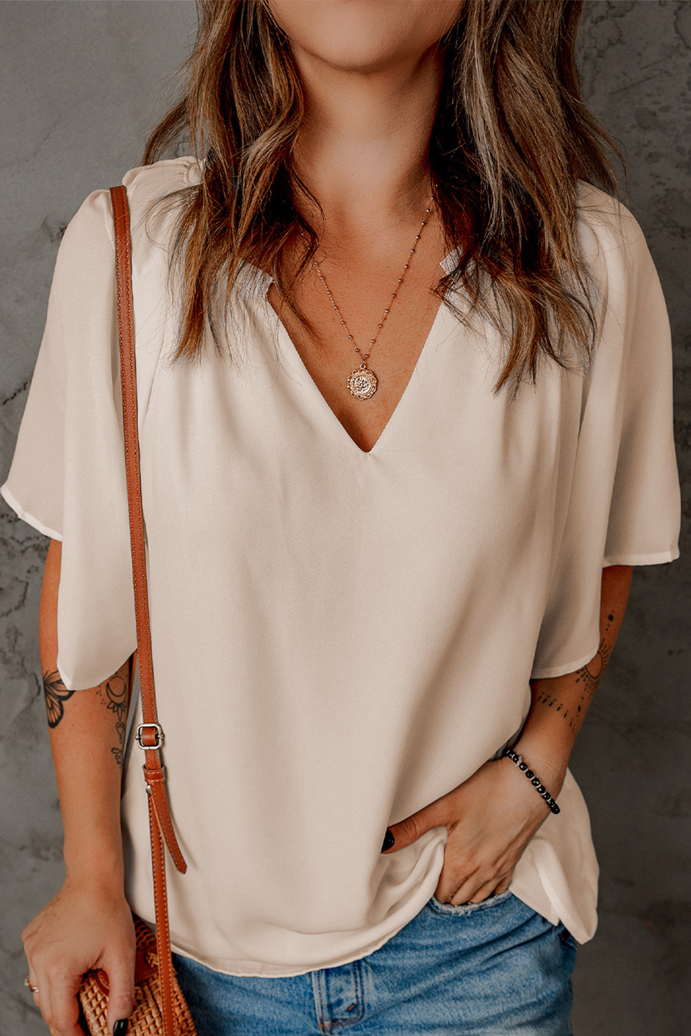 Split Neck Pleated Loose Top