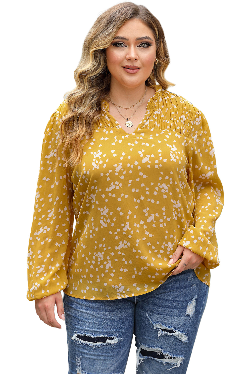 Blouse froissée imprimée jaune à col fendu d'automne