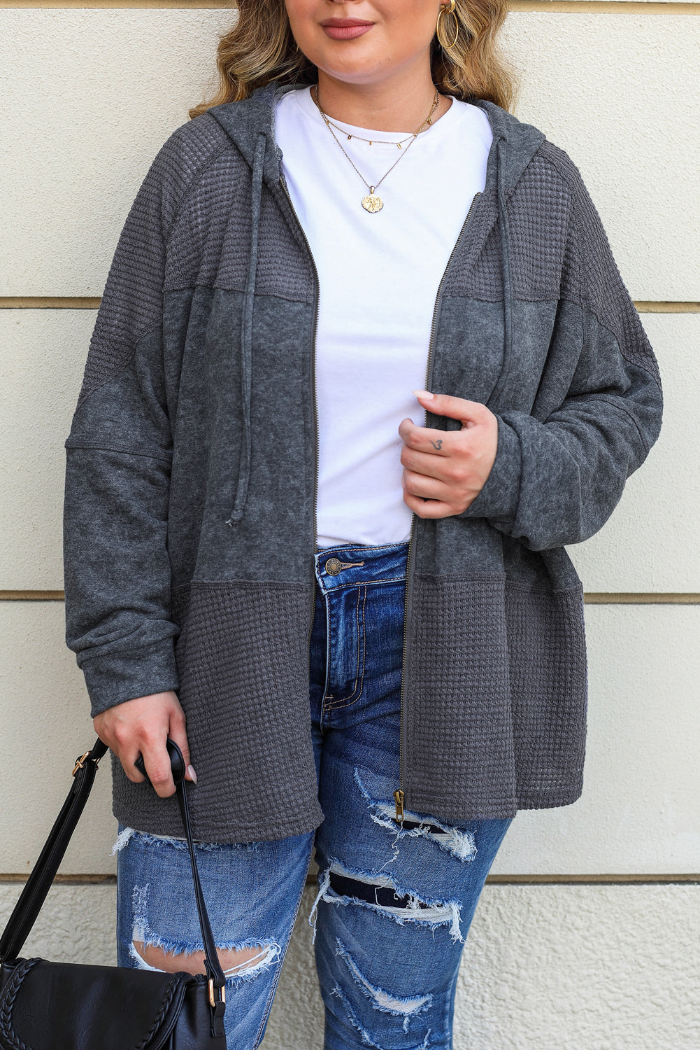 Plus Size Waffle Knit Patchwork Washed Hooded Jacket