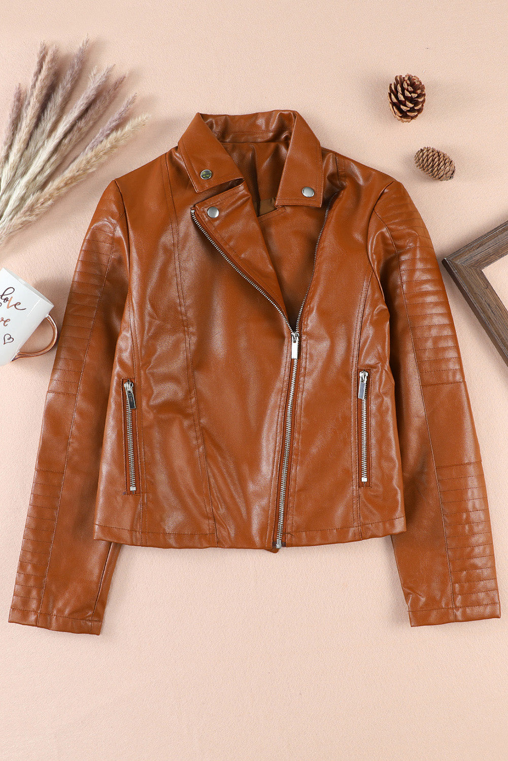 Ribbed Seam Detail Faux Leather Zipped Motorcycle Jacket