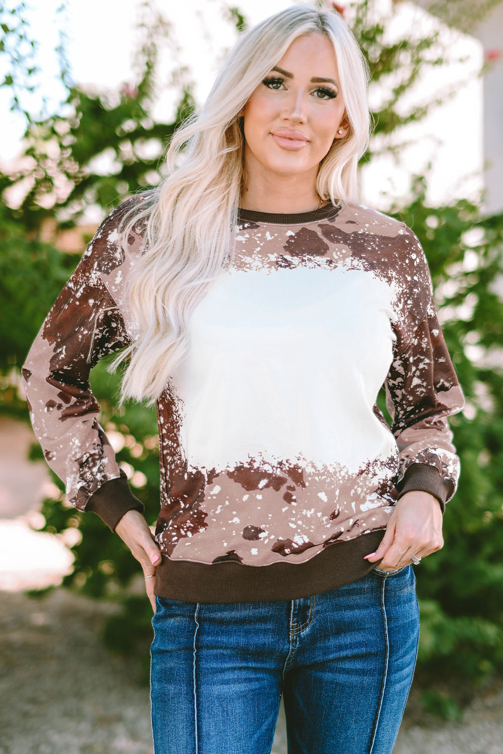 Bleached Tie Dye Leopard Print Long Sleeve Top