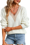 Cable Puff Sleeve Lace V Neck Sweater