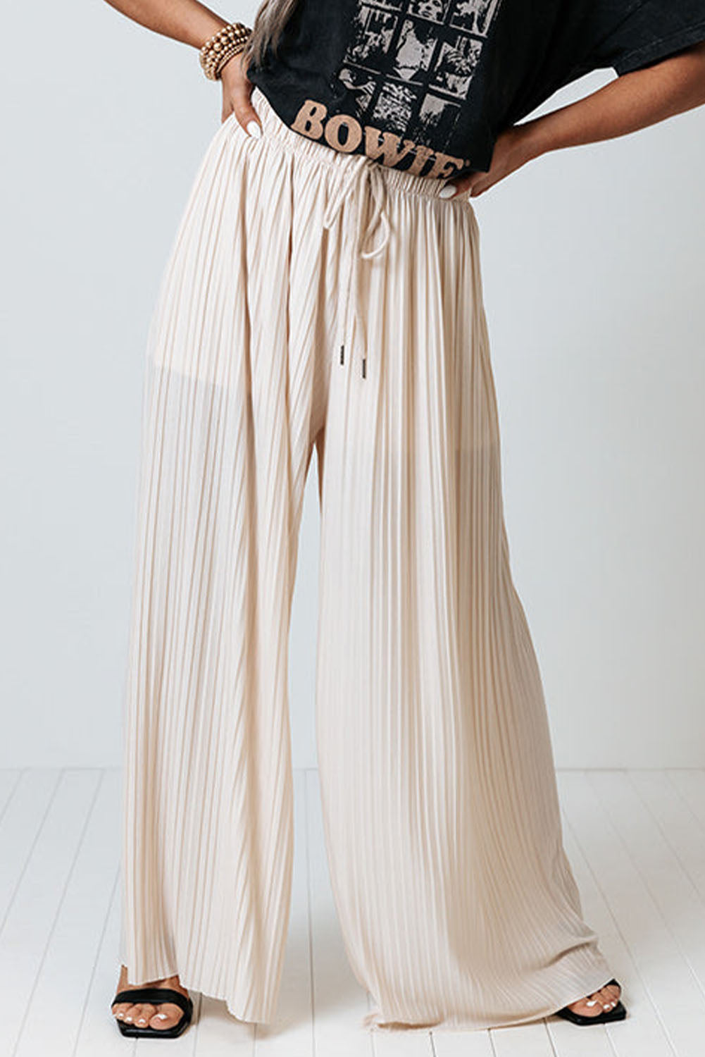 Drawstring Wide Leg Pleated Pants