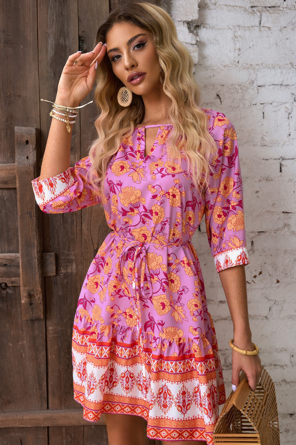 3/4 Sleeve Boho Floral Belted Mini Dress