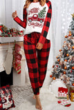 Red Plaid Raglan Sleeves Top and Drawstring Pants Lounge Set