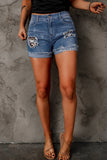 Floral Patchwork Rolled Hem Denim Shorts