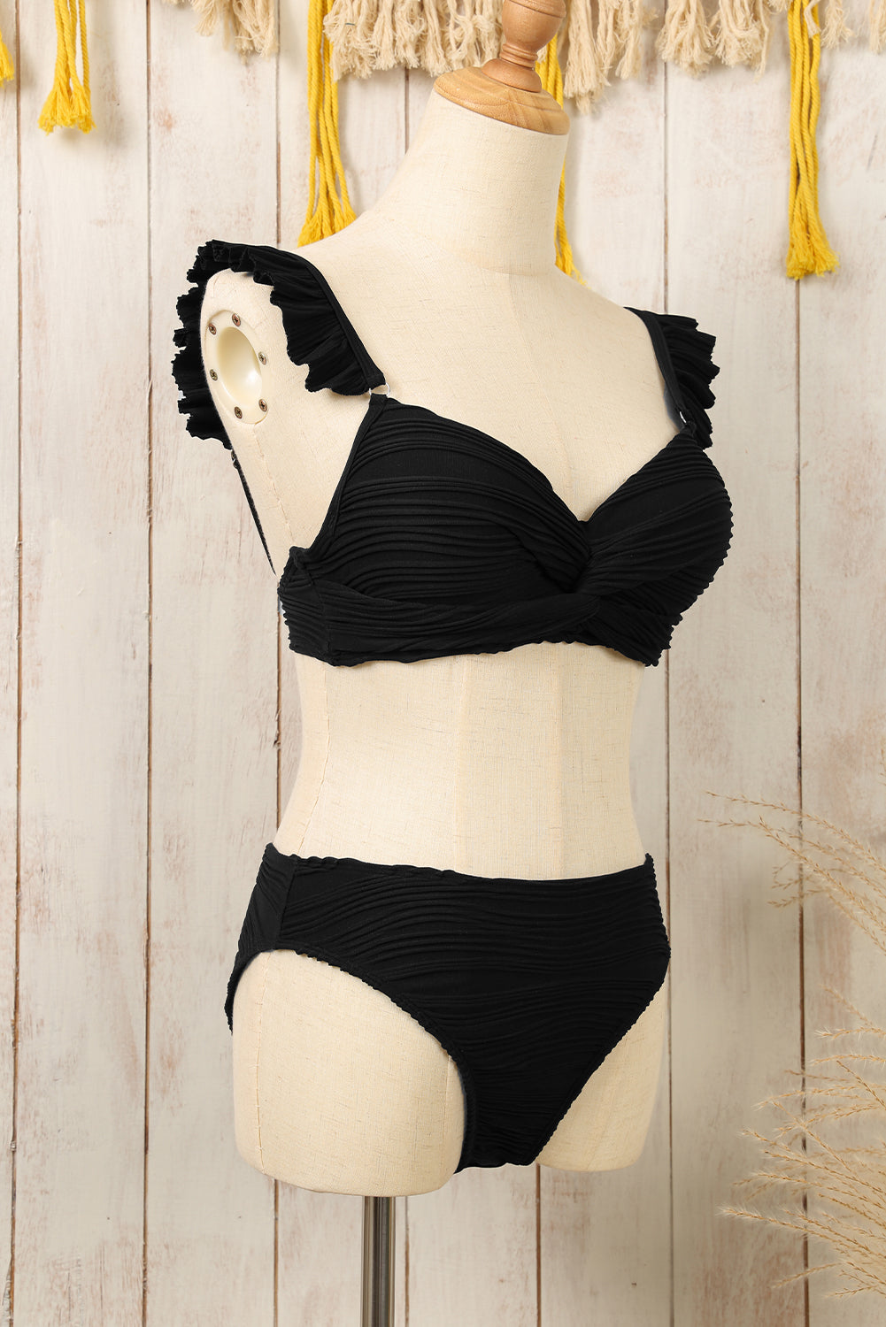 Black Wavy Textured Ruffled Straps Twist Bikini Swimsuit