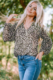 Green Floral Print V Neck Long Puff Sleeve Top