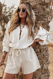 White Embroidered Textured Buttoned Crew Neck Shirt