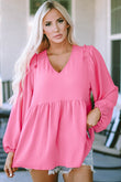 Frilled V Neck Puff Sleeve Babydoll Blouse